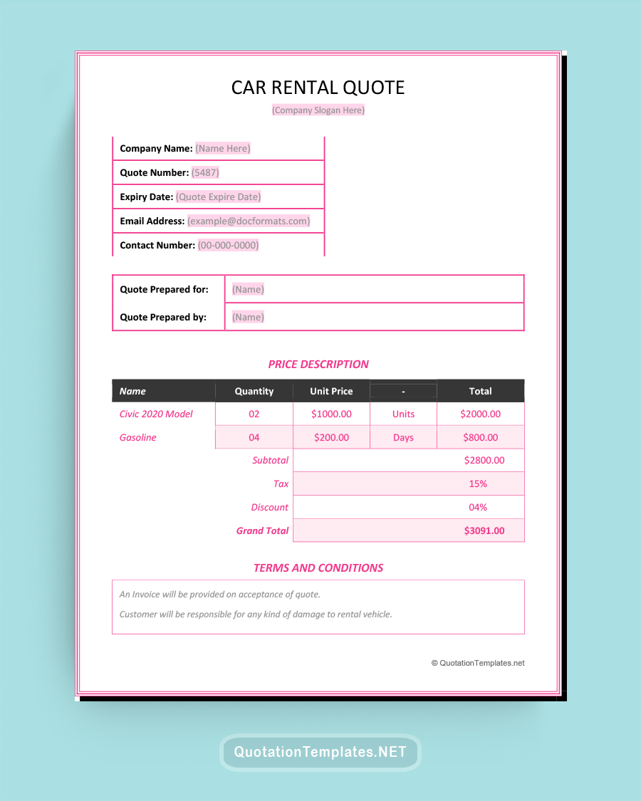 Car Rental Quote Template - Pink - Word
