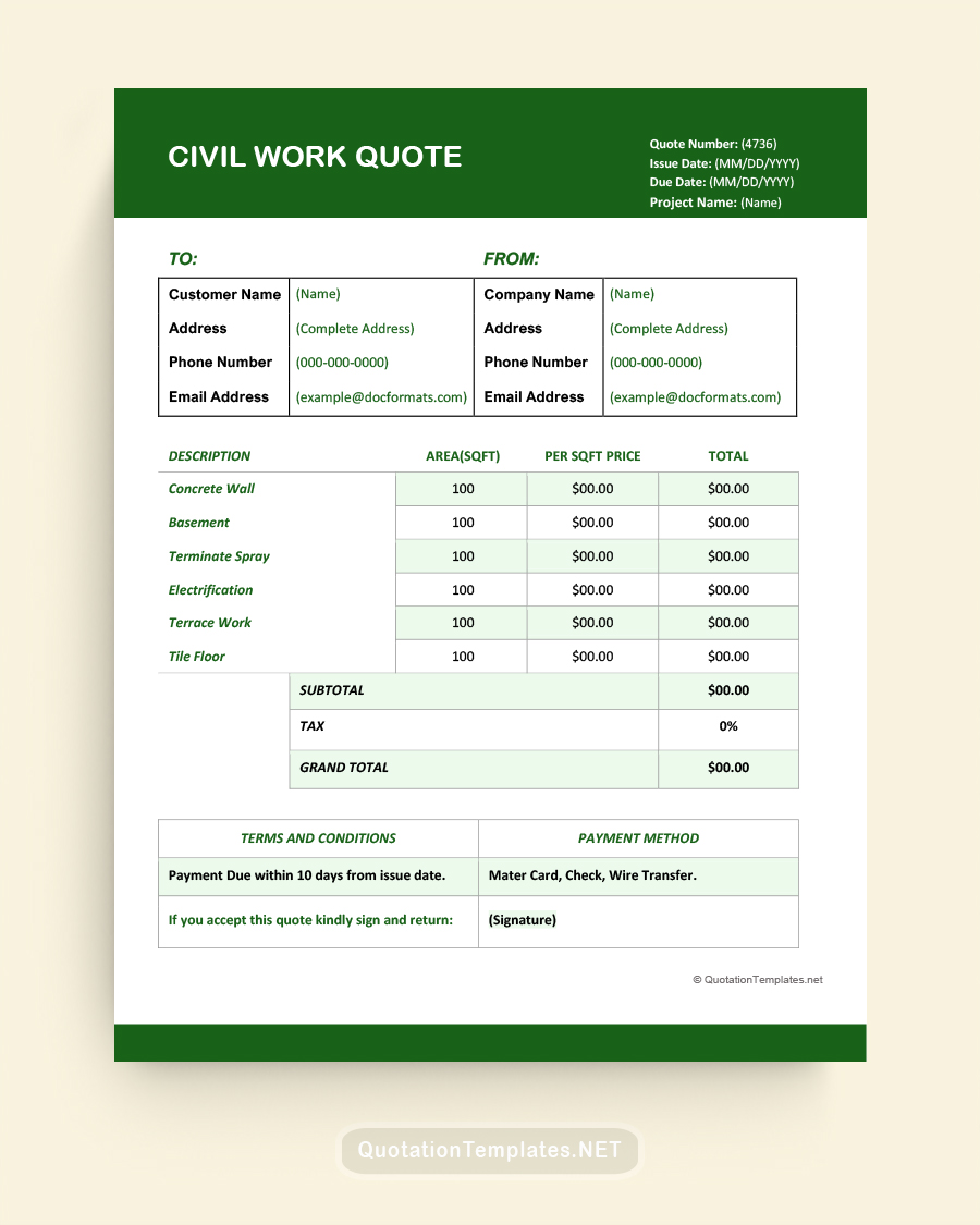 Civil Work Quote Template - Green - Word