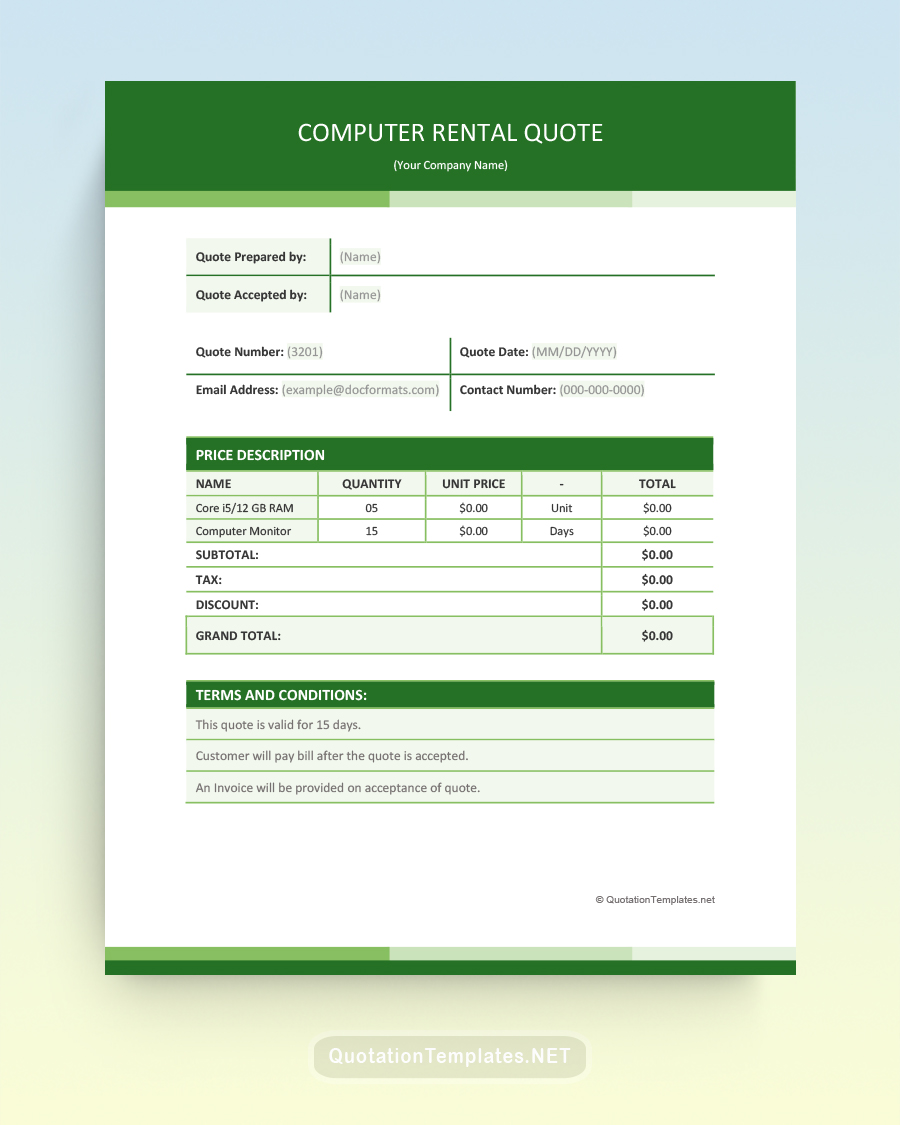 Computer Rental Quote Template - Green - Word