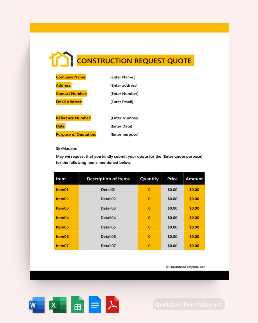 Construction Request For Quote Template - 210822 - Orange