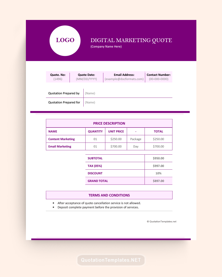Digital Marketing Quote Template - Purple - Word