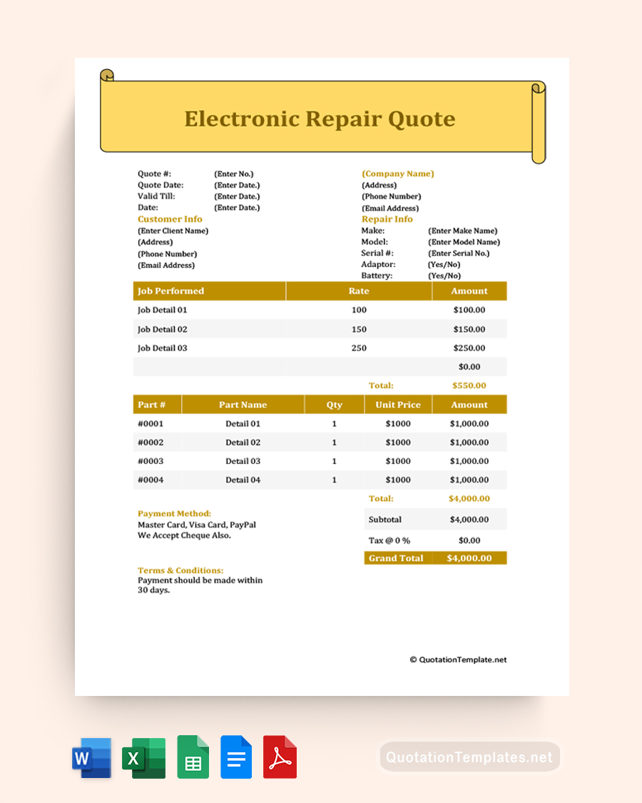 Electronic Repair Quote Template - Yellow