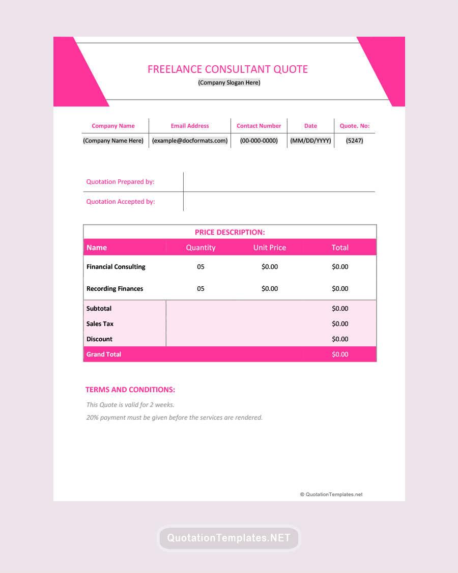 Freelance Consultant Quote Template - Pink - Word