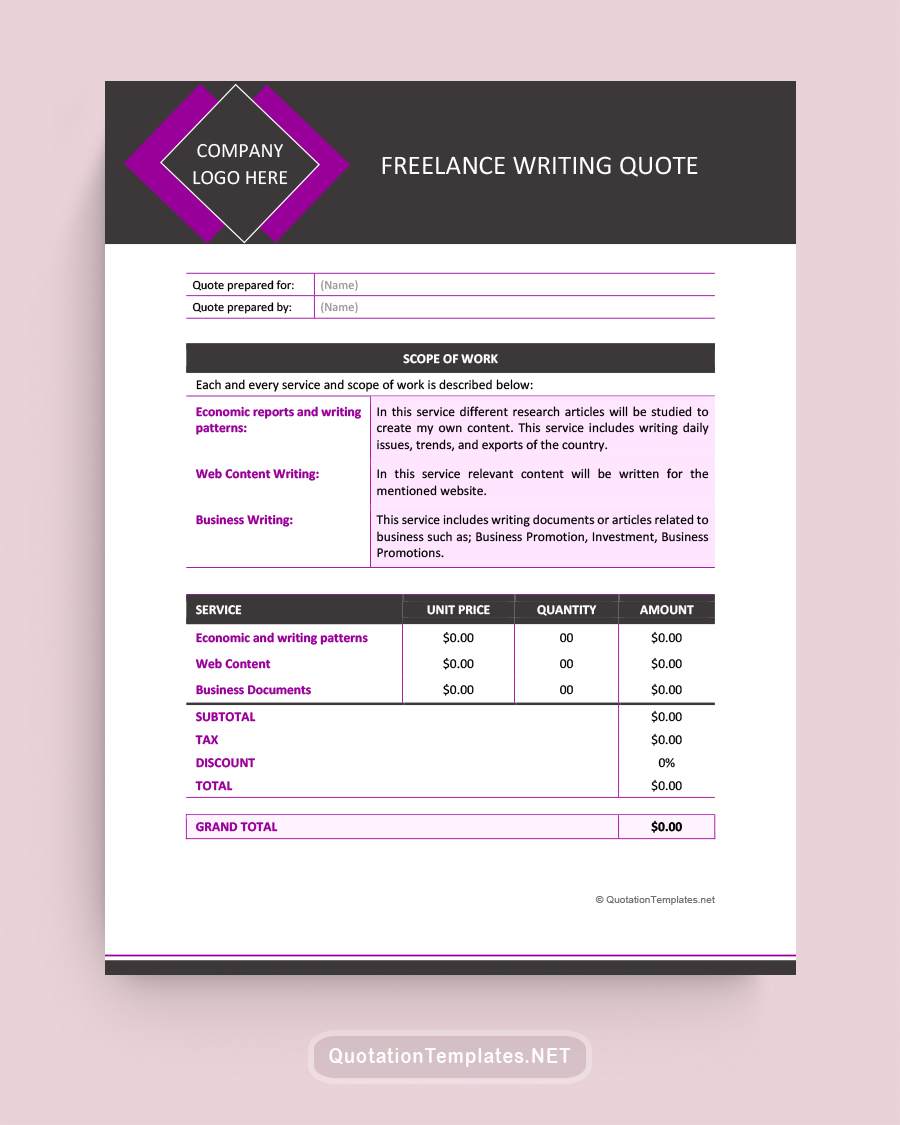 Freelance Writing Quote Template - Purple - Word