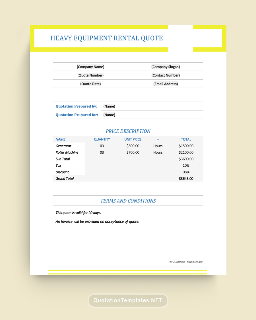 Heavy Equipment Rental Quote Template - Yellow - Word