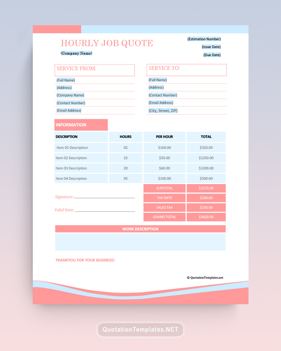 Hourly Job Quote Template - Sky Blue - Word