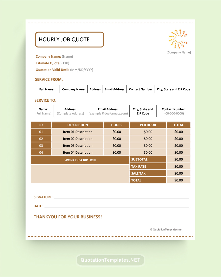 Hourly Job Quote Template - Brown - Word