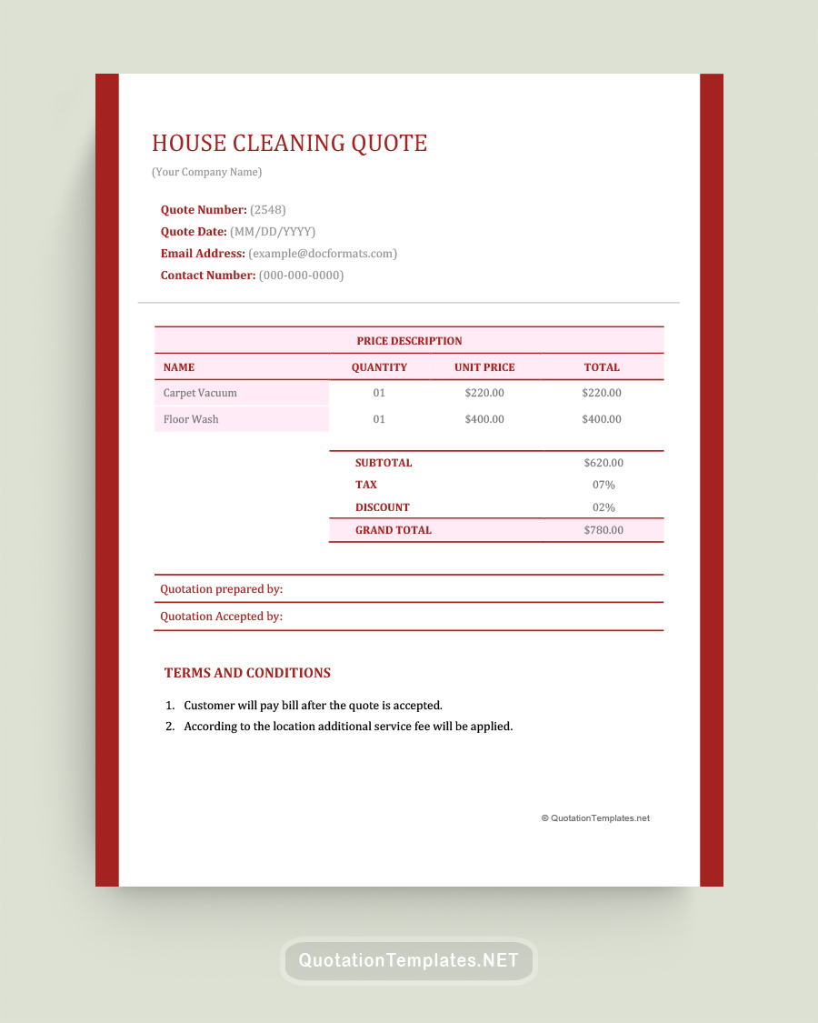 House Cleaning Quote Template - Maroon - Word