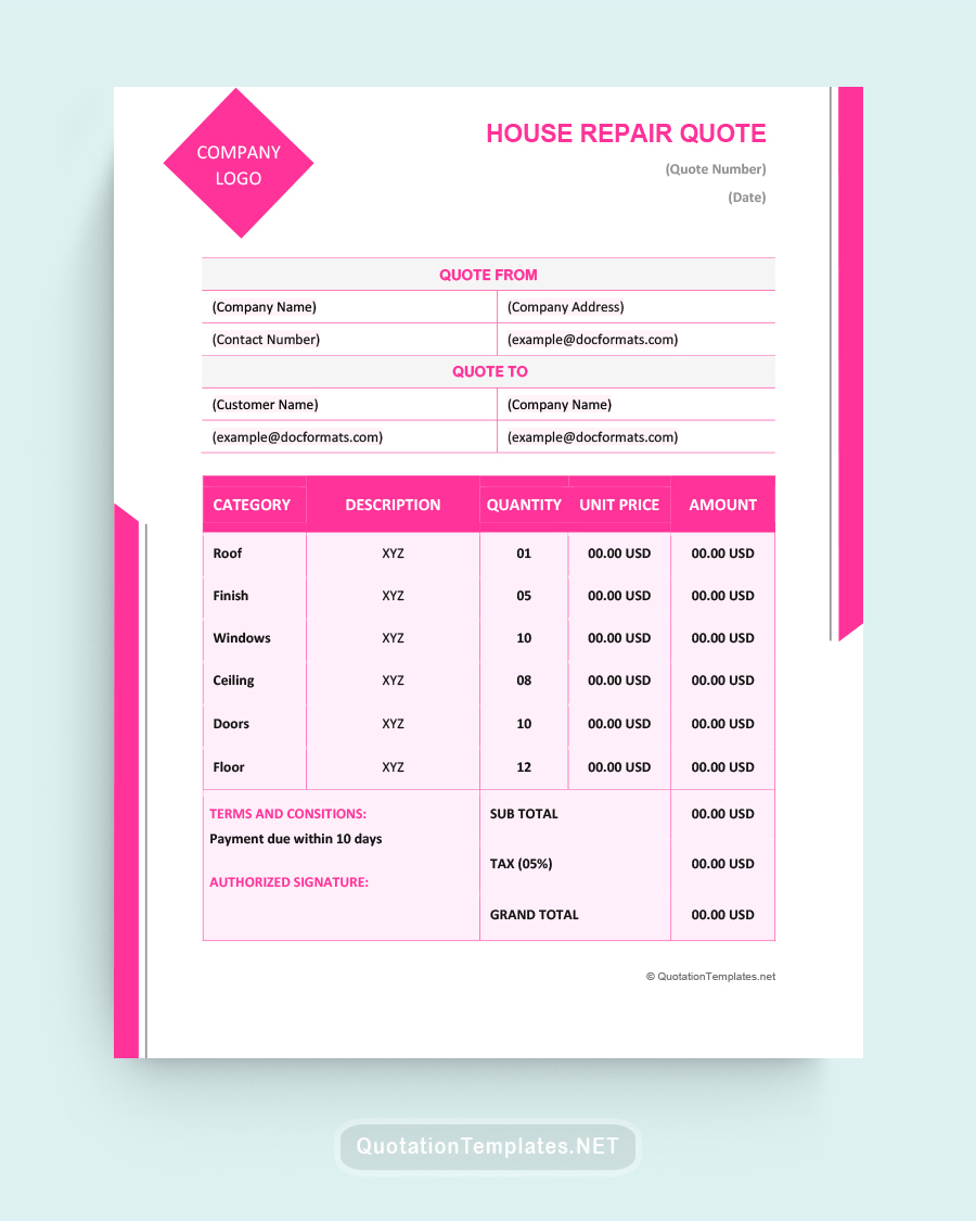 House Repair Quote Template - Pink - Word