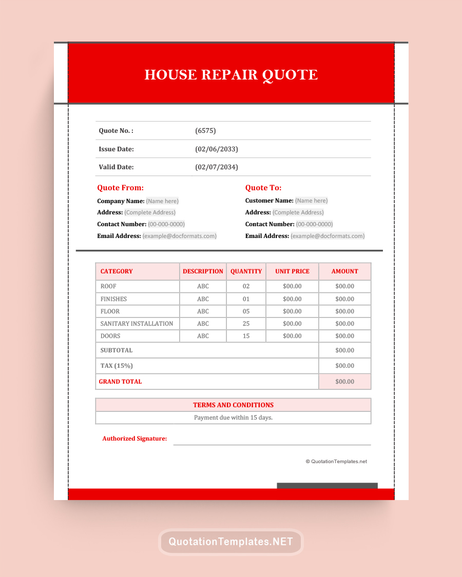 House Repair Quote Template - Red - Word