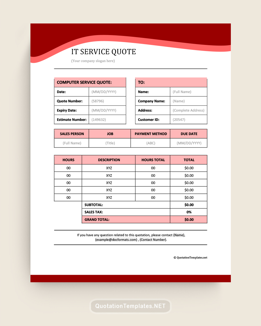 IT Company Service Quote Template - Maroon - Word