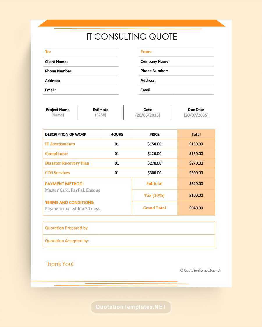 IT Consultant Quote Template - Orange - Word