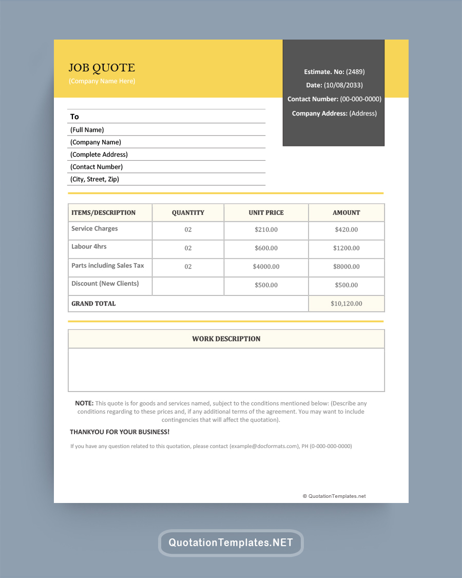 Job Quote Template - Yellow - Word