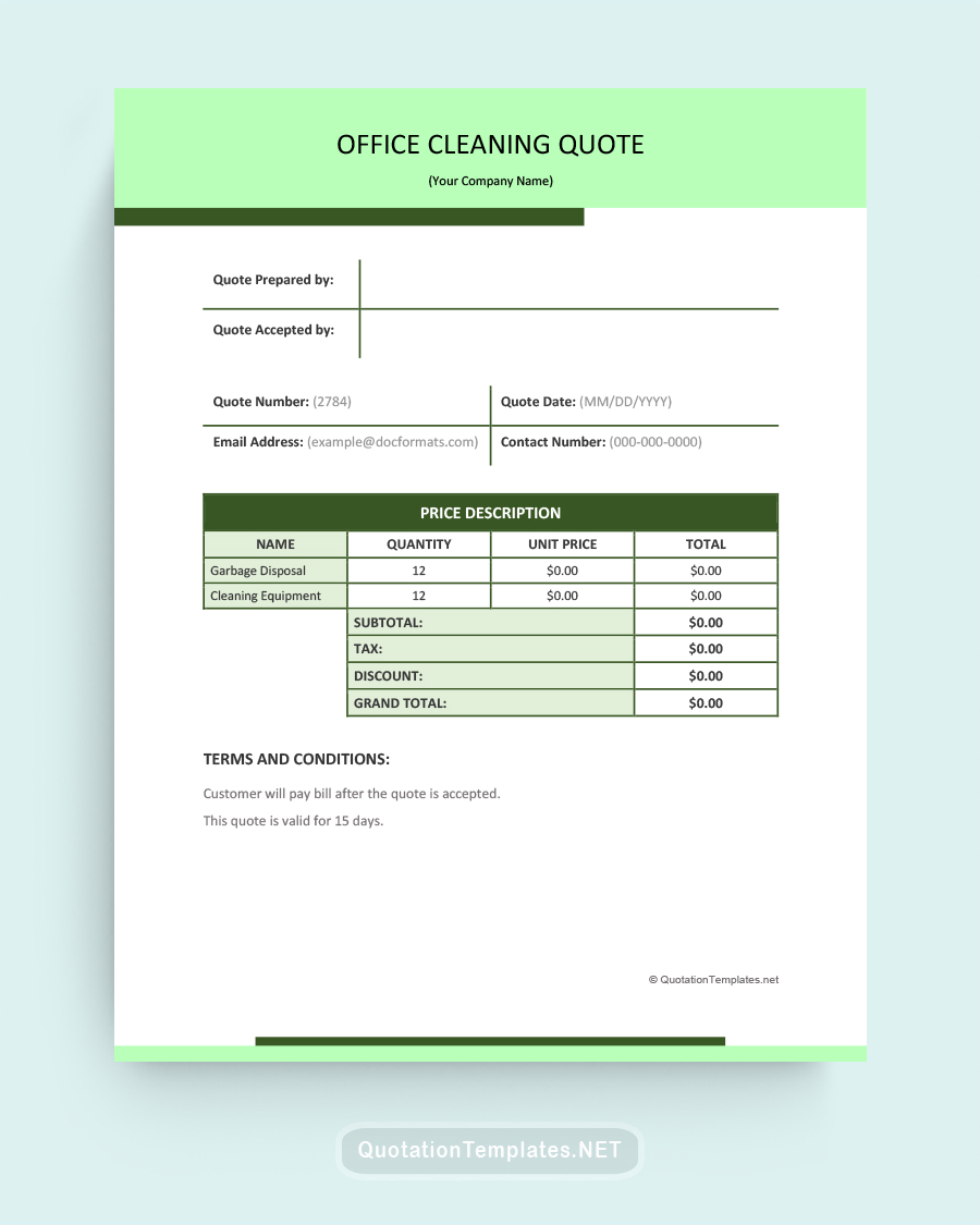 Office Cleaning Quote Template - Green - Word