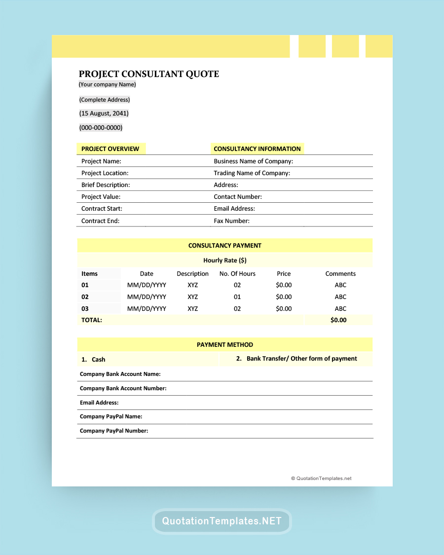 Project Consultant Quote Template - Yellow - Word