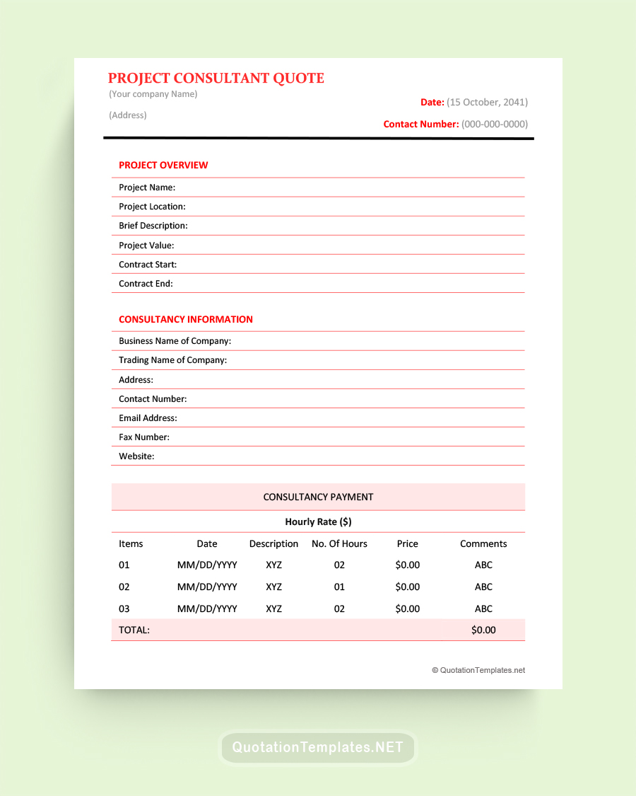Project Consultant Quote Template - Red - Word