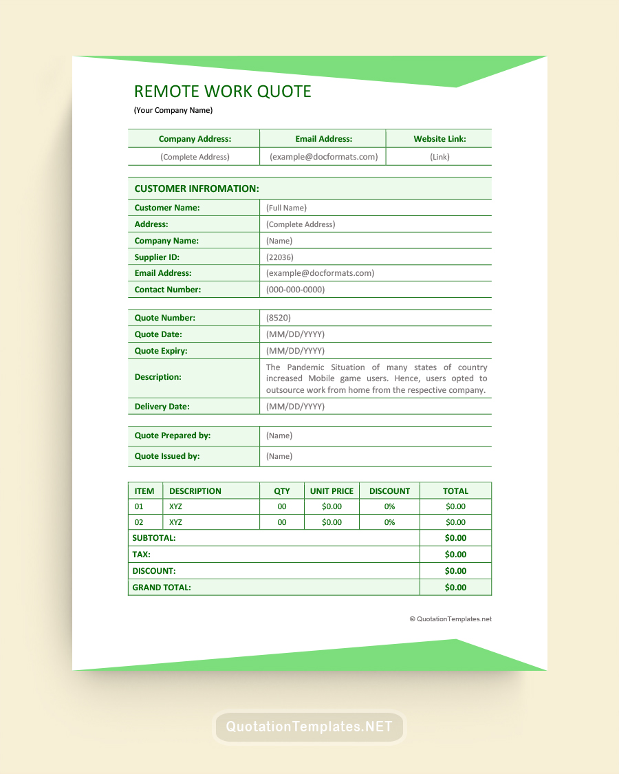 Remote Work Quote Template - Green - Word