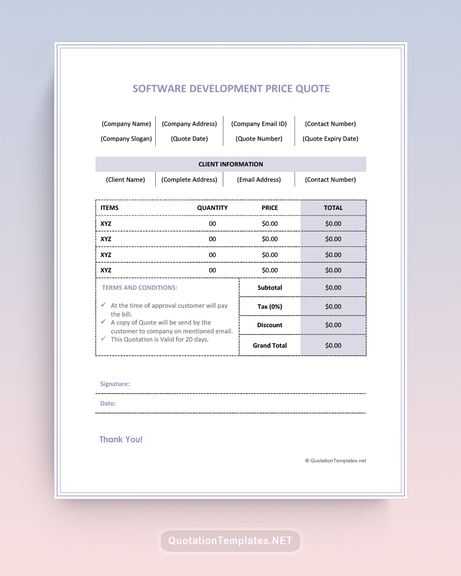 Software Development Price Quote Template - Grey - Word