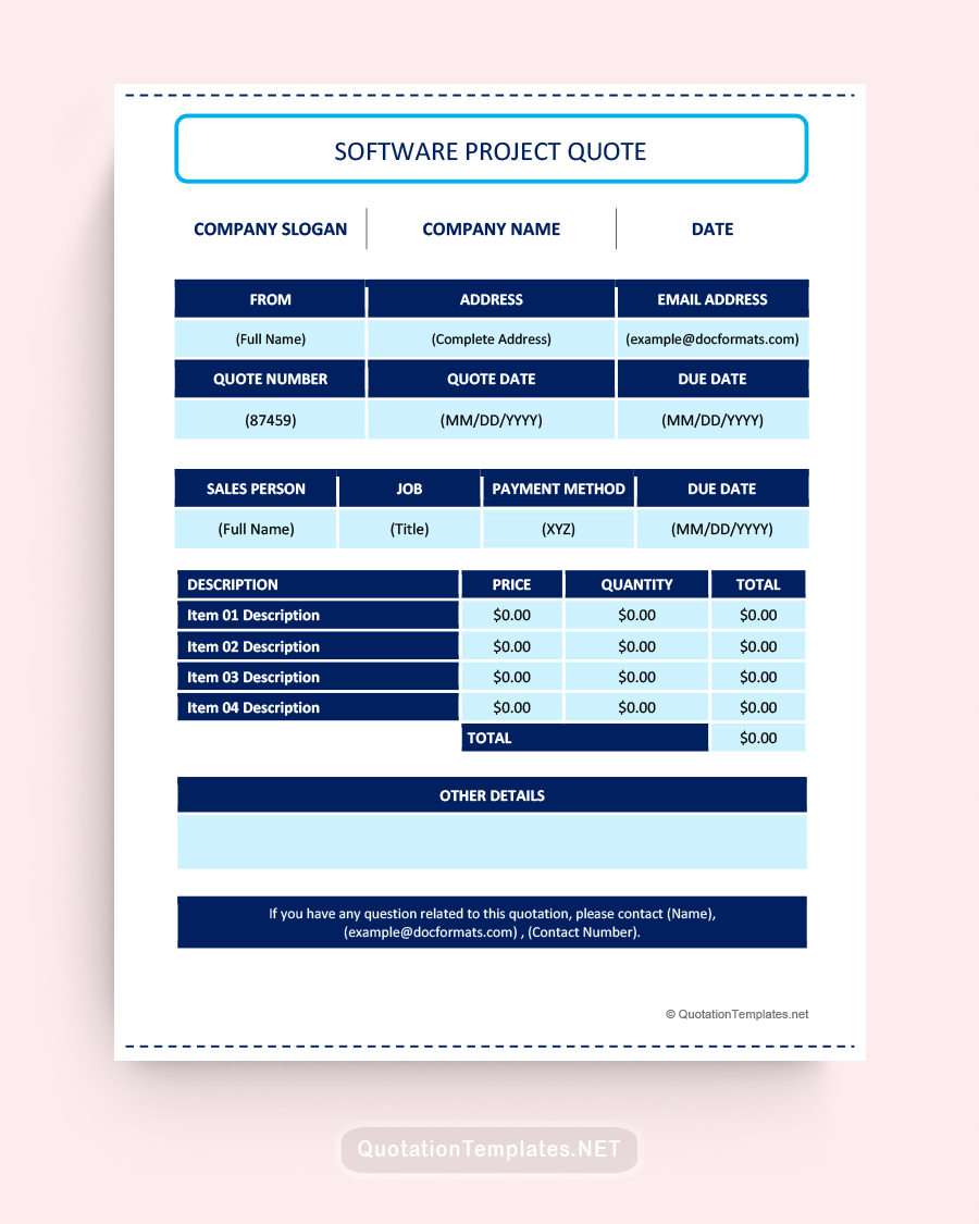 Software Project Quote Template - Blue - Word