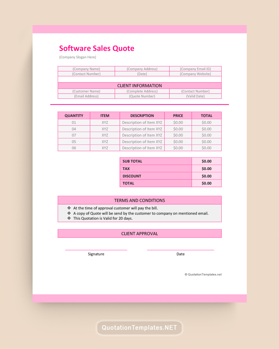 Software Sales Quote Template - Pink - Word