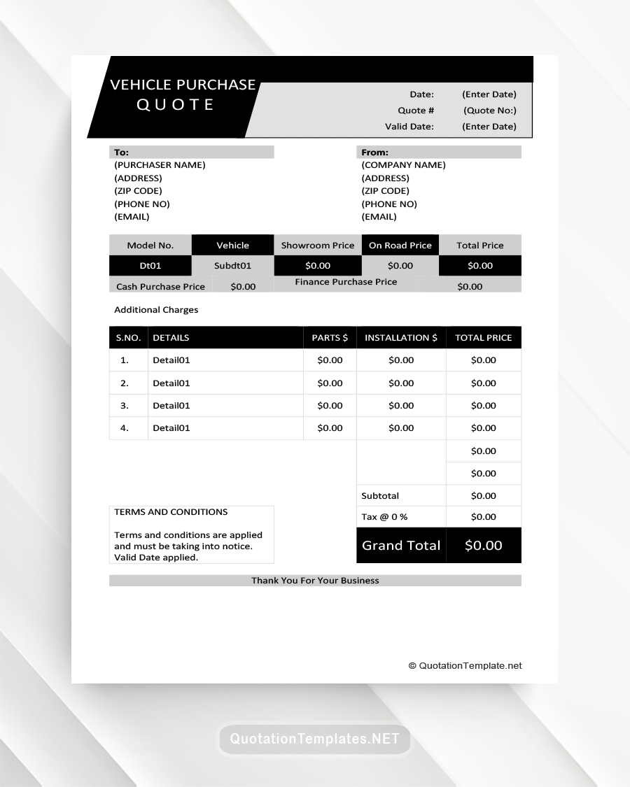 Vehicle Purchase Quote Template - Black