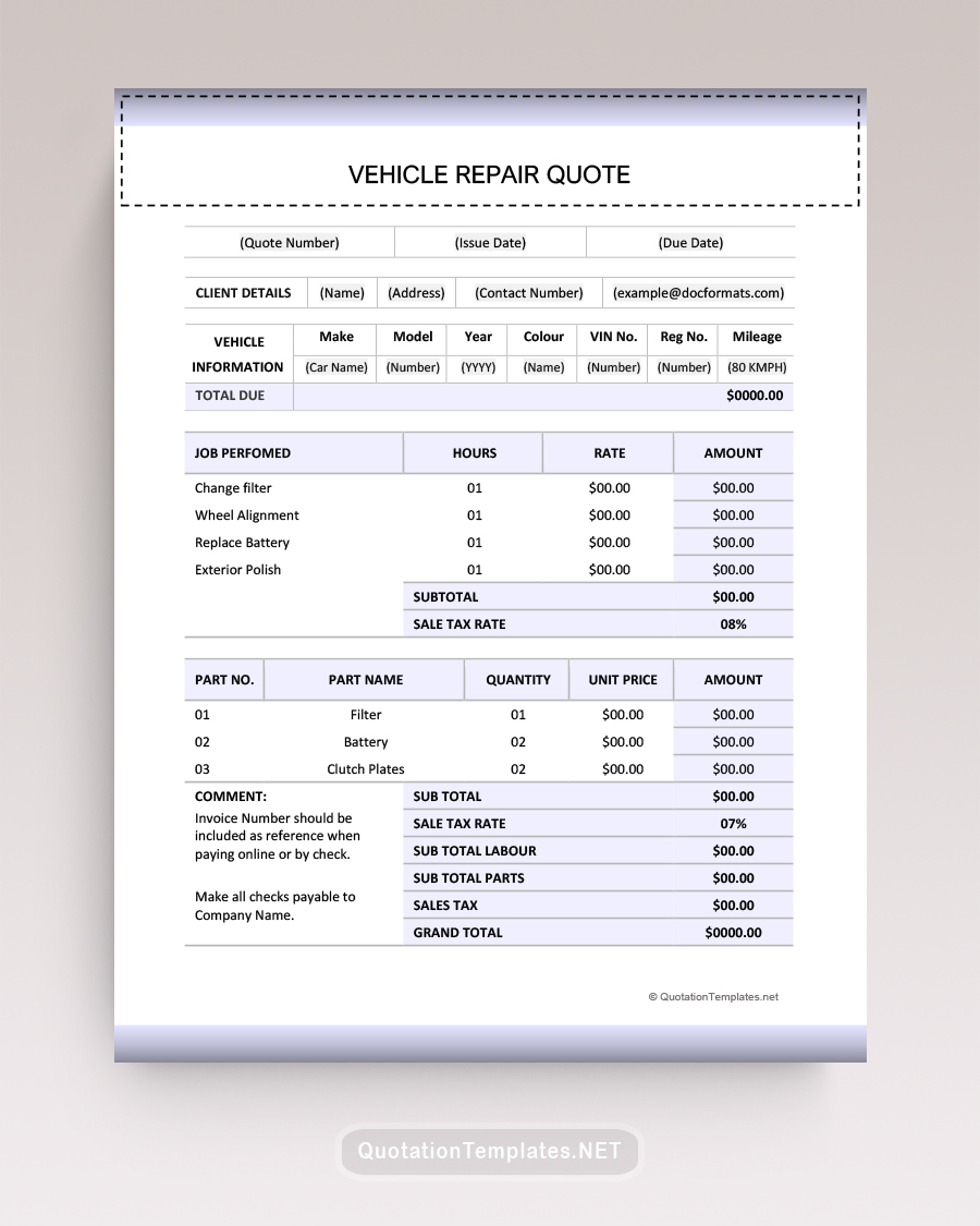 Vehicle Repair Quote Template - Black - Word