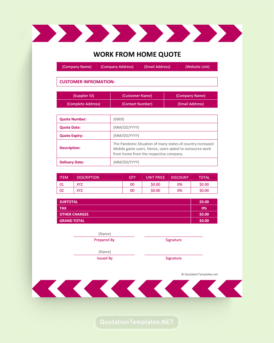 Work From Home Quote Template - Magenta - Word