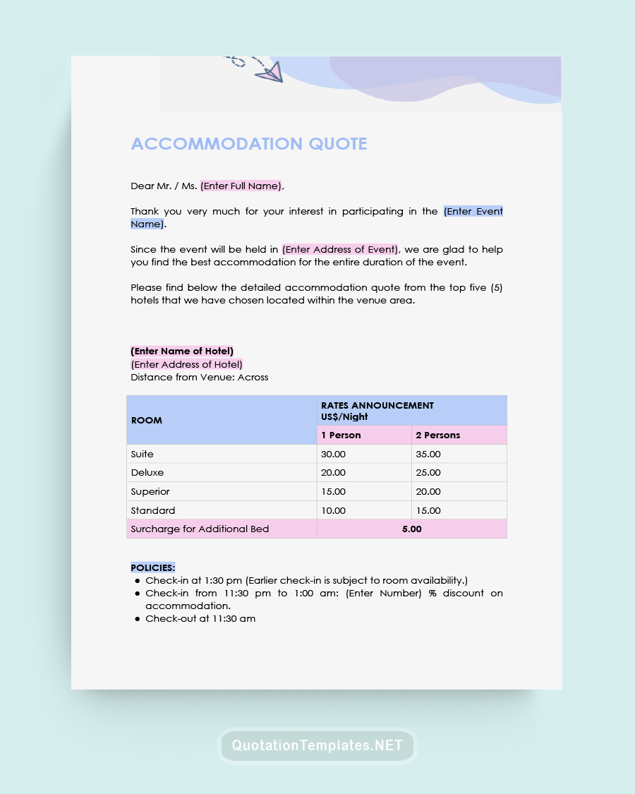 Accomodation Quote Template - 220907 - Blue