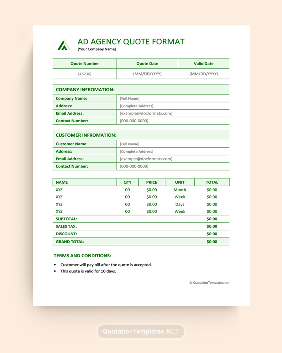 Ad Agency Quote Format Template - Green - Word