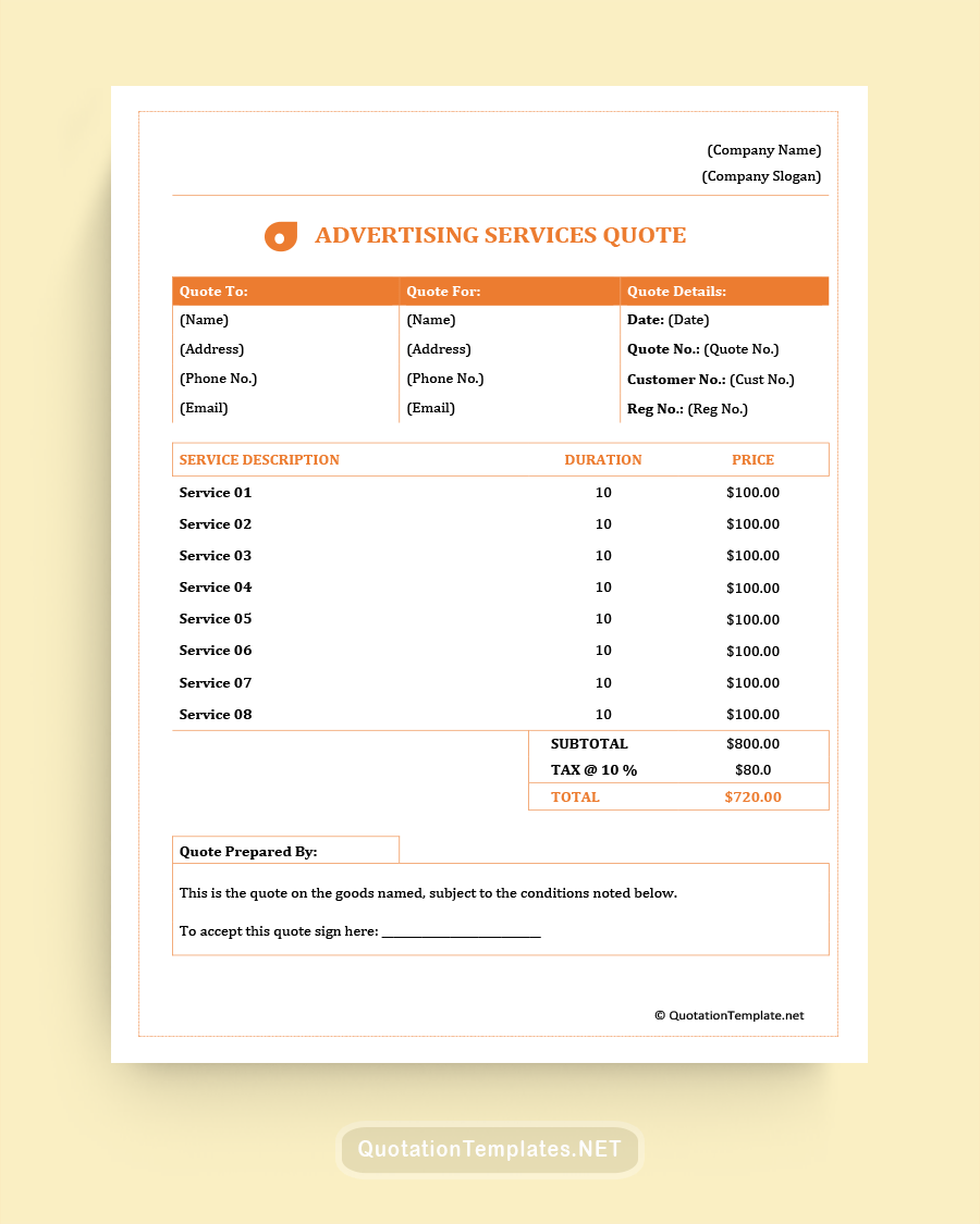 Advertising Services Quote Template - Orange - Word