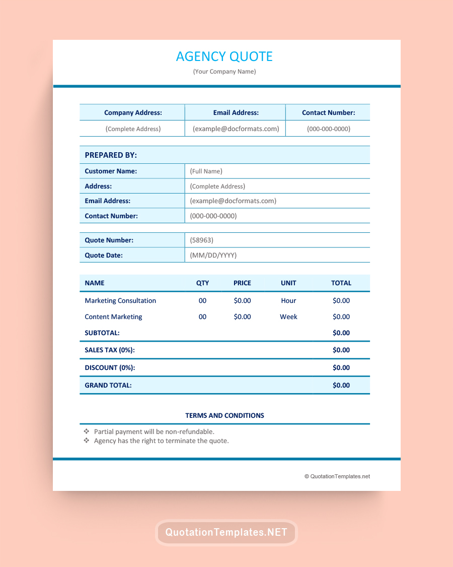 Agency Quote Sample Template - Sky Blue - Word