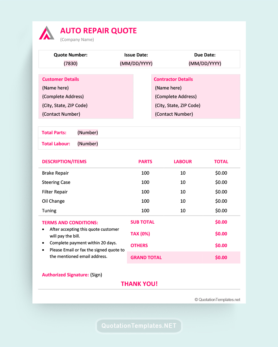 Auto Repair Quote Template - Pink - Word