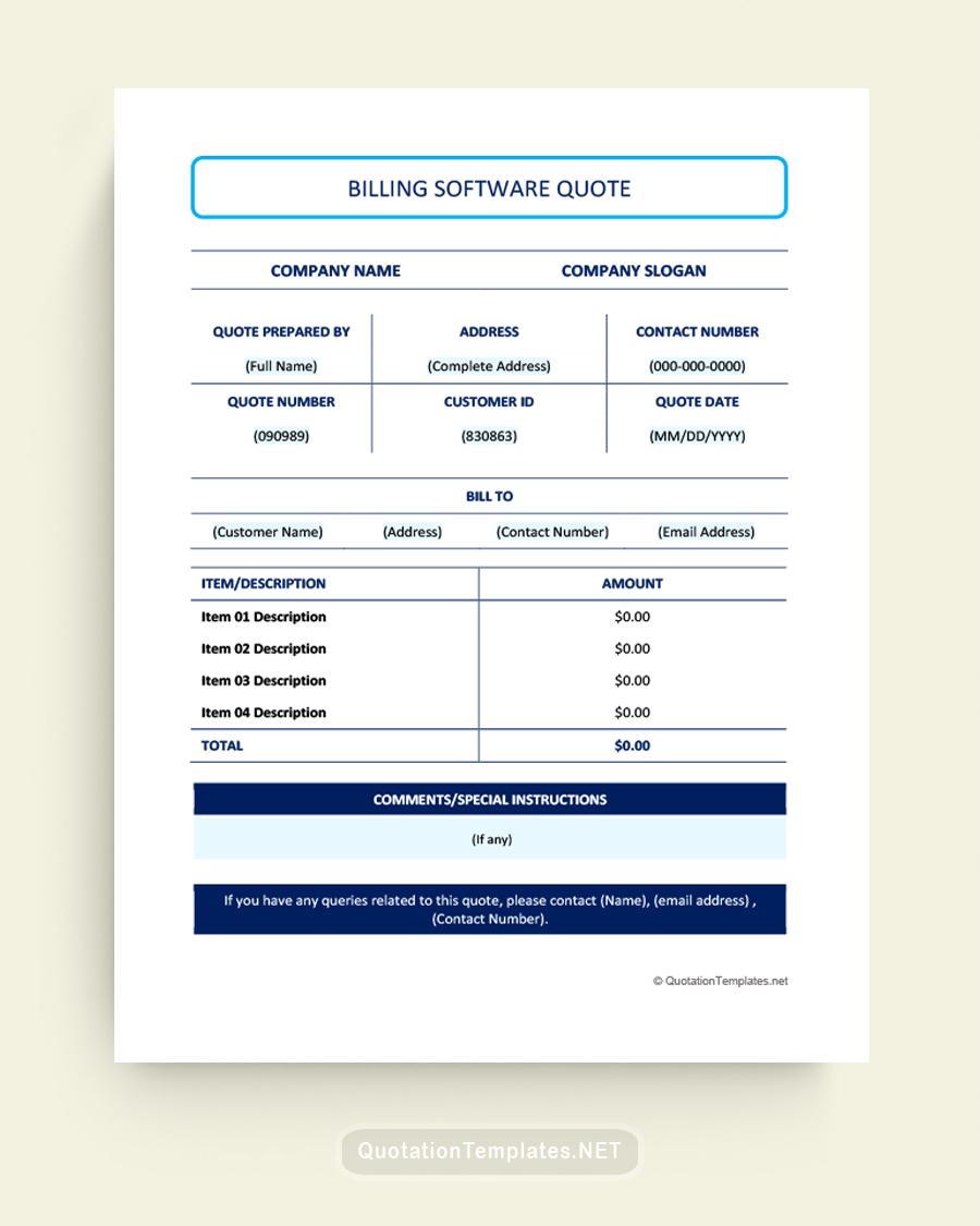 Billing Software Quote Template - Blue - Word