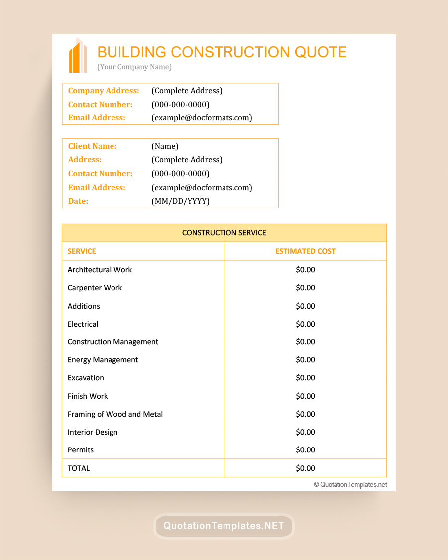 Building Construction Quote Template - Orange - Word
