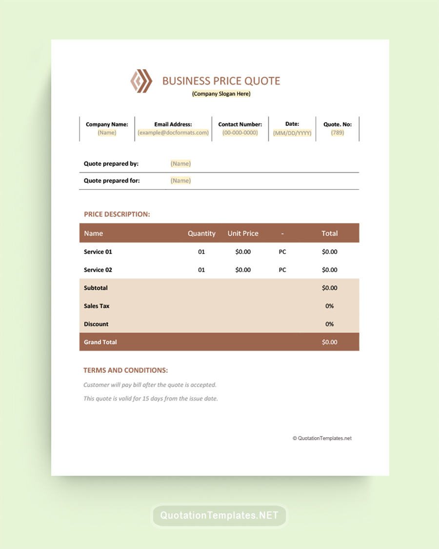 Business Price Quote Template - Brown - Word