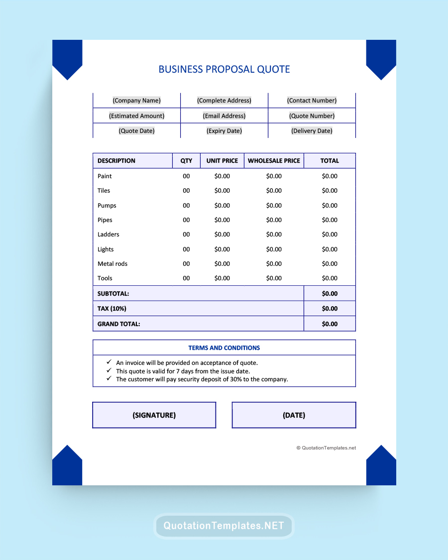 Business Proposal Quote Template - Blue - Word