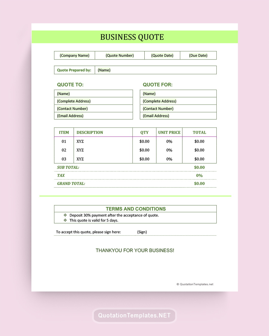 Business Quote Format Template - Green - Word