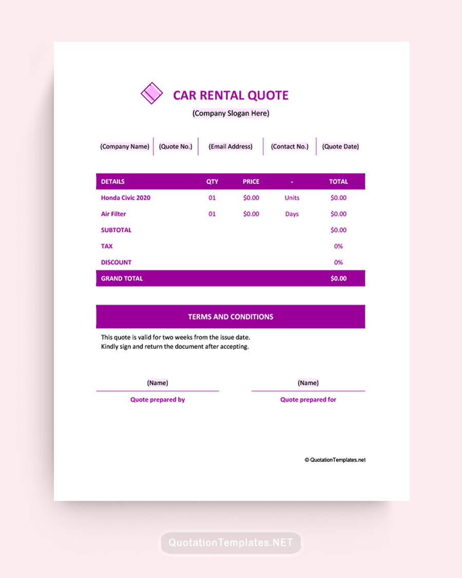 Car Rental Quote Template - Plum - Word