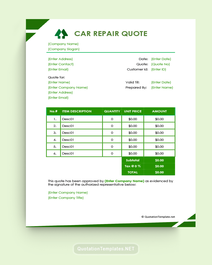 Car Repair Quote Template - Green