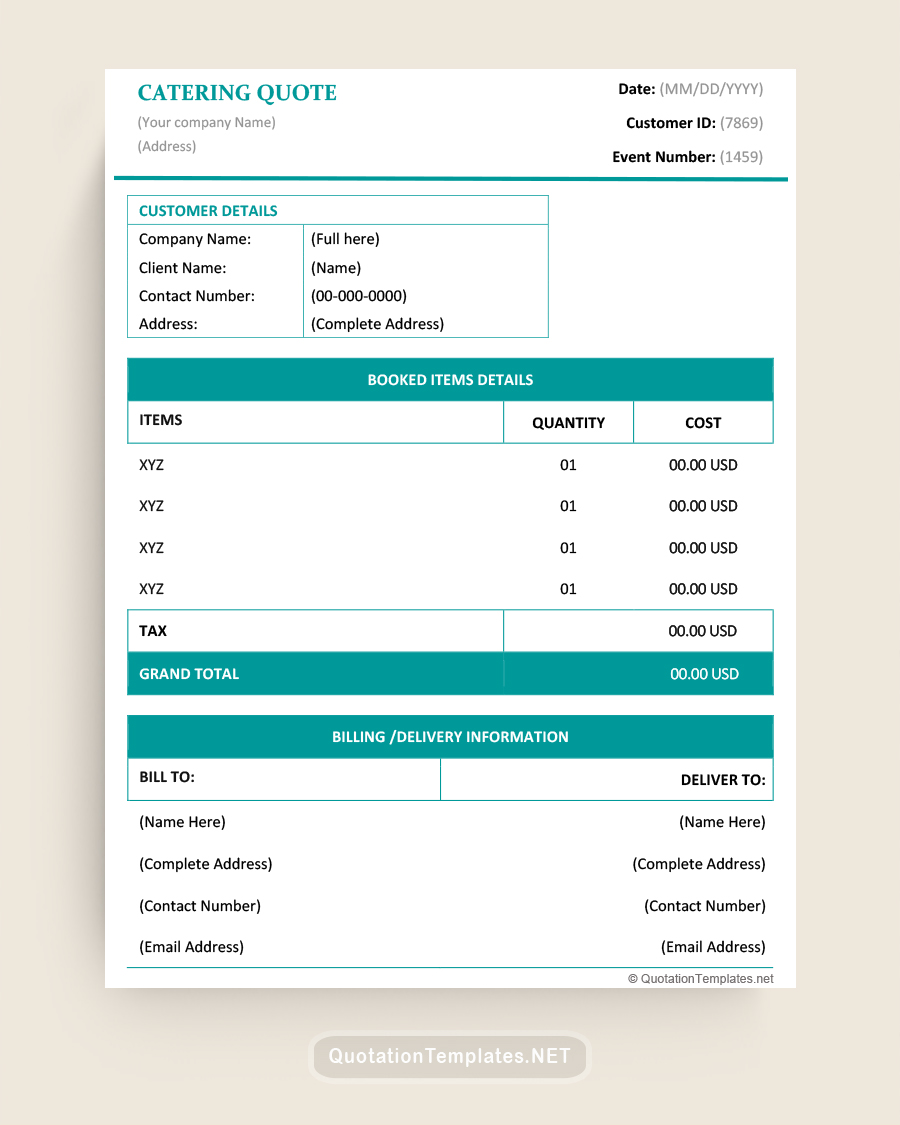 Catering Quote Template - Aqua - Word