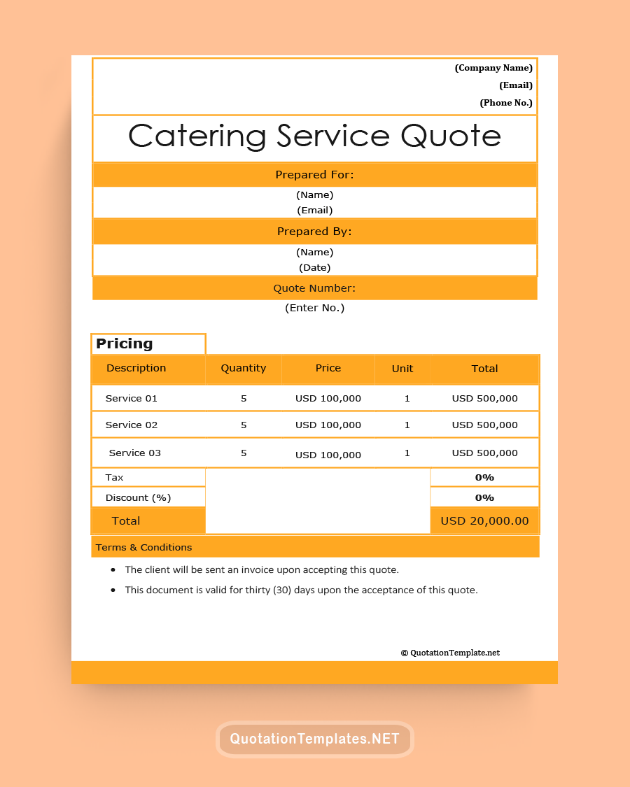 Catering Services Quote Template - Orange - Word