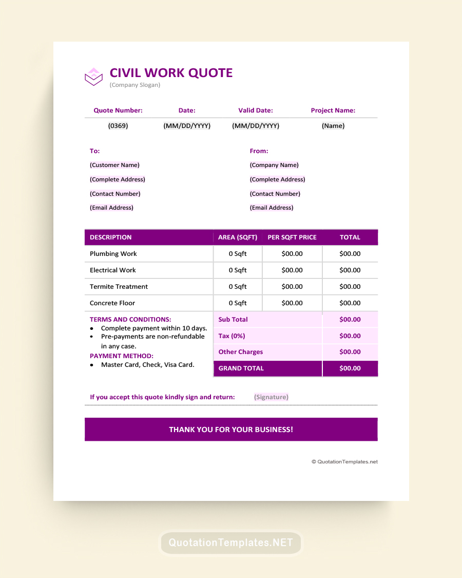 Civil Work Quote Template - Plum - Word