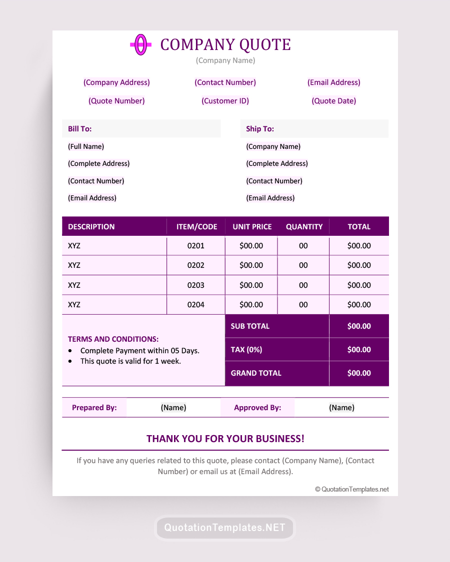 Company Quote Format Template - Plum - Word