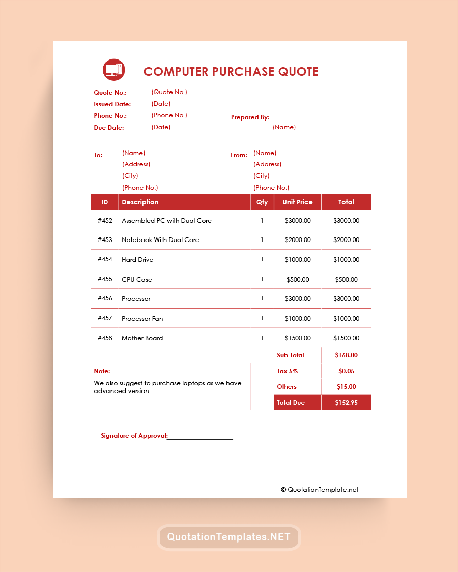 Computer Purchase Quote Template - Red