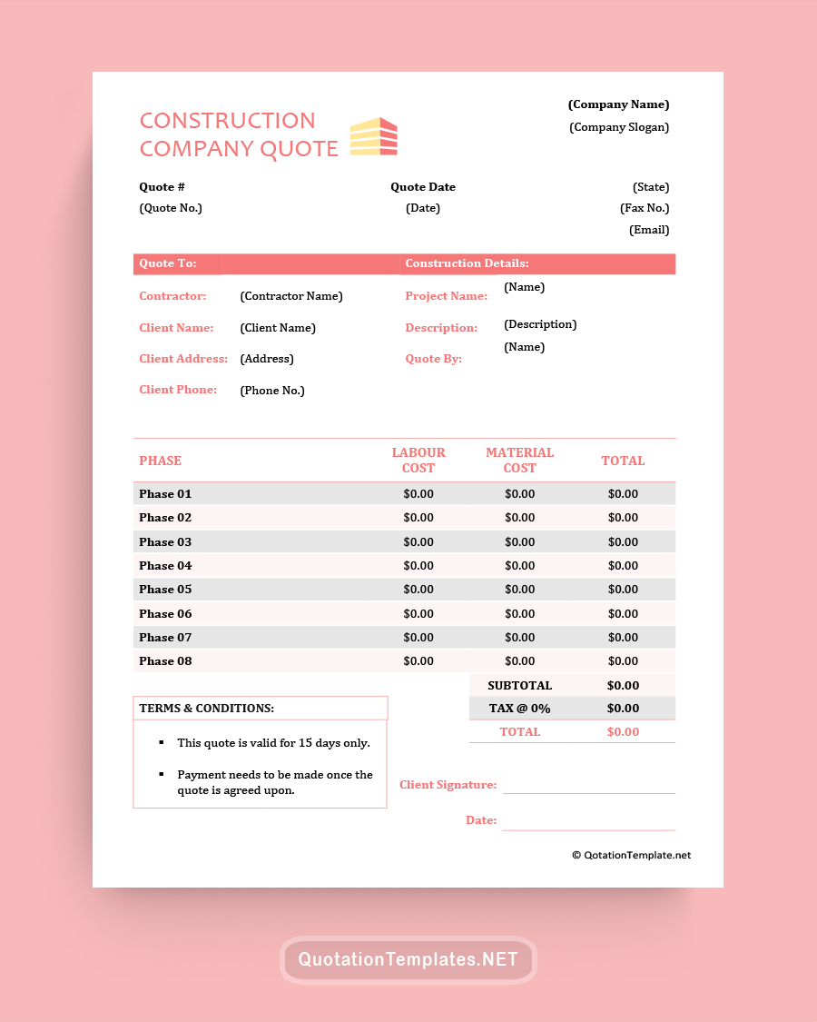 Construction Company Quote Template - Pink - Word