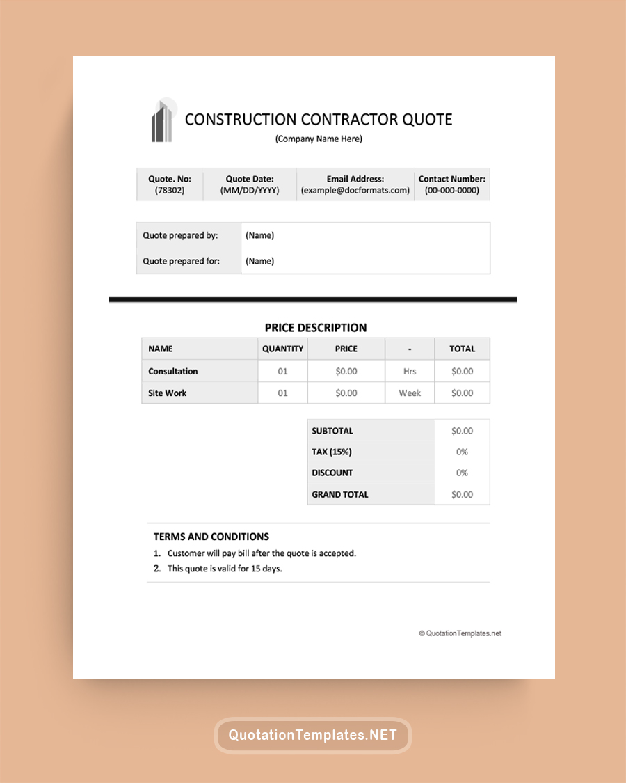 Construction Contractor Quote Template - Black - Word