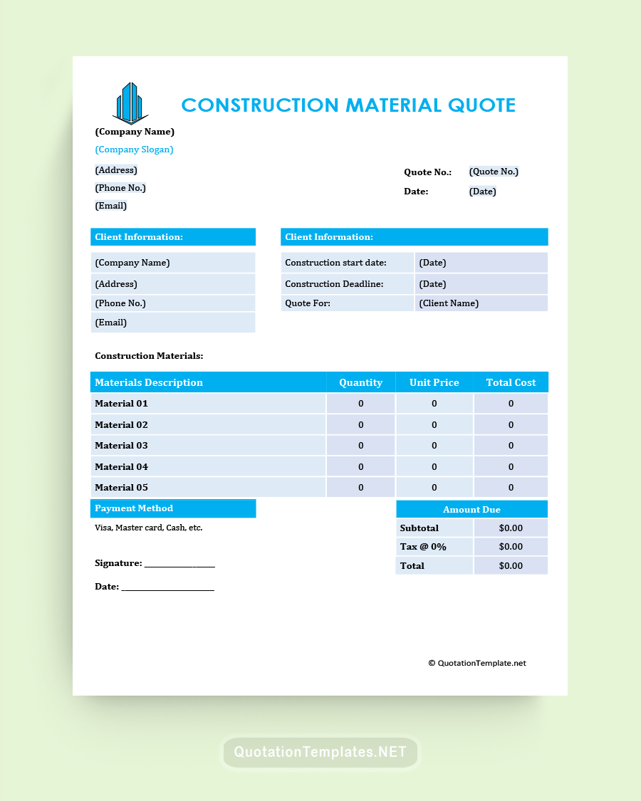 Construction Material Quote Template - Sky Blue - Word