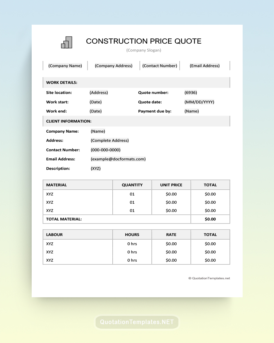 Construction Price Quote Template - Grey - Word