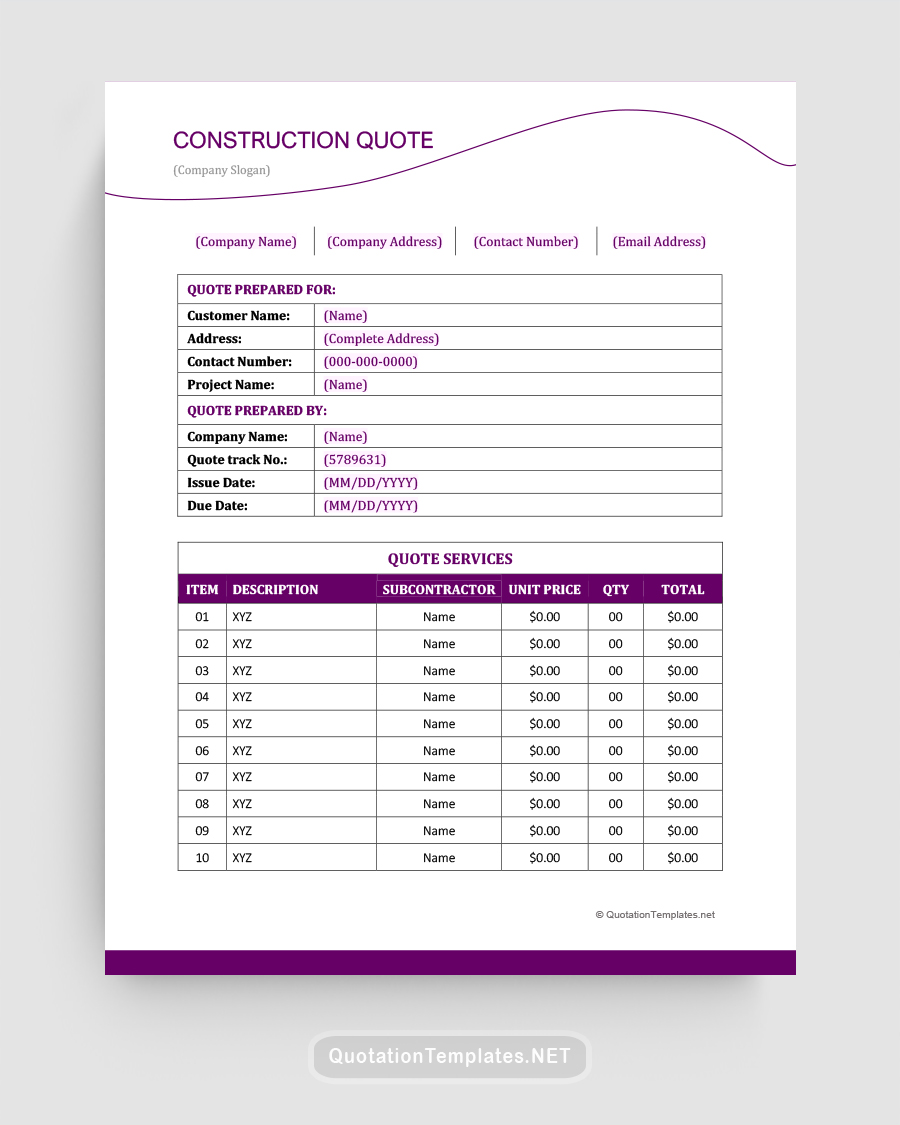 Construction Quote Template - Plum - Word