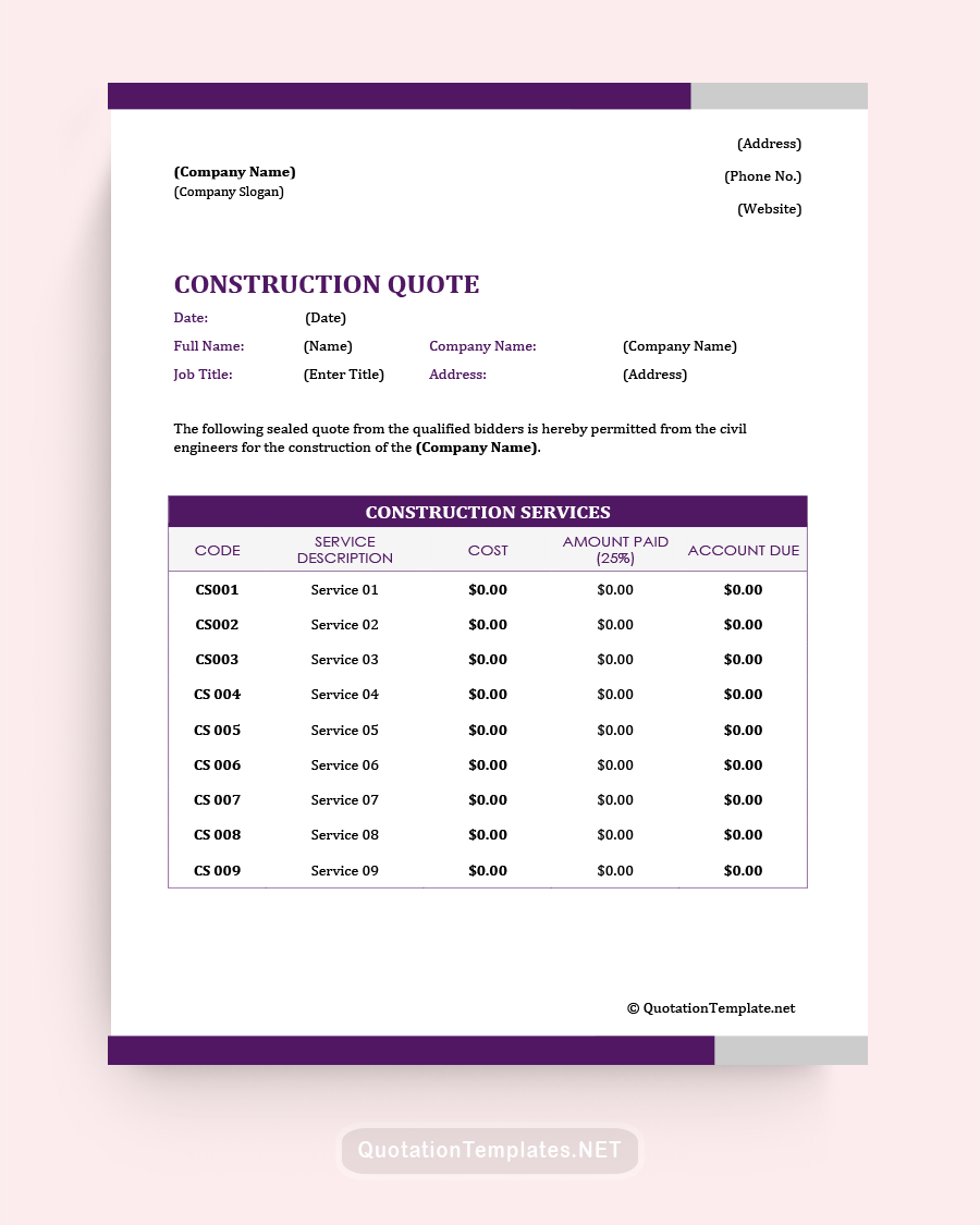 Construction Quote Template - Purple - Word